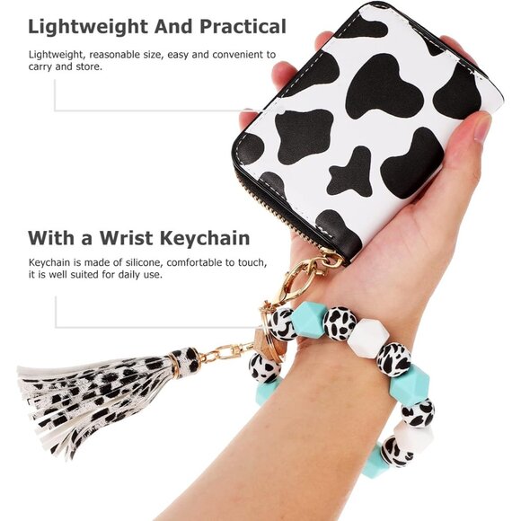 Cow Print Card Wallet with Keychain Set Fashionable PU Leather Women - Picture 4 of 9